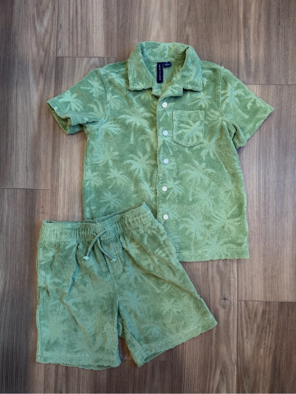 Janie and Jack Light Green Palm Terry Short Pajama Set